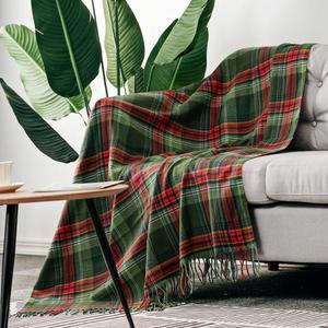 LALIFIT Soft Fluffy Green Red Plaid Fringe Blanket, Lightweight Throw with Tassels for Home Decor, 50" x 60" (Christmas)