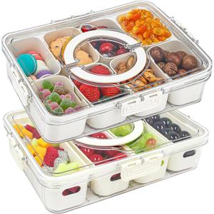 2 Pack Divided Serving Tray with Lid and Handle, 12 Compartments Snackle Box Container for Portable Snack Platters Large Clear Organizer for Picnic Snacks to Go Dishwasher Safe