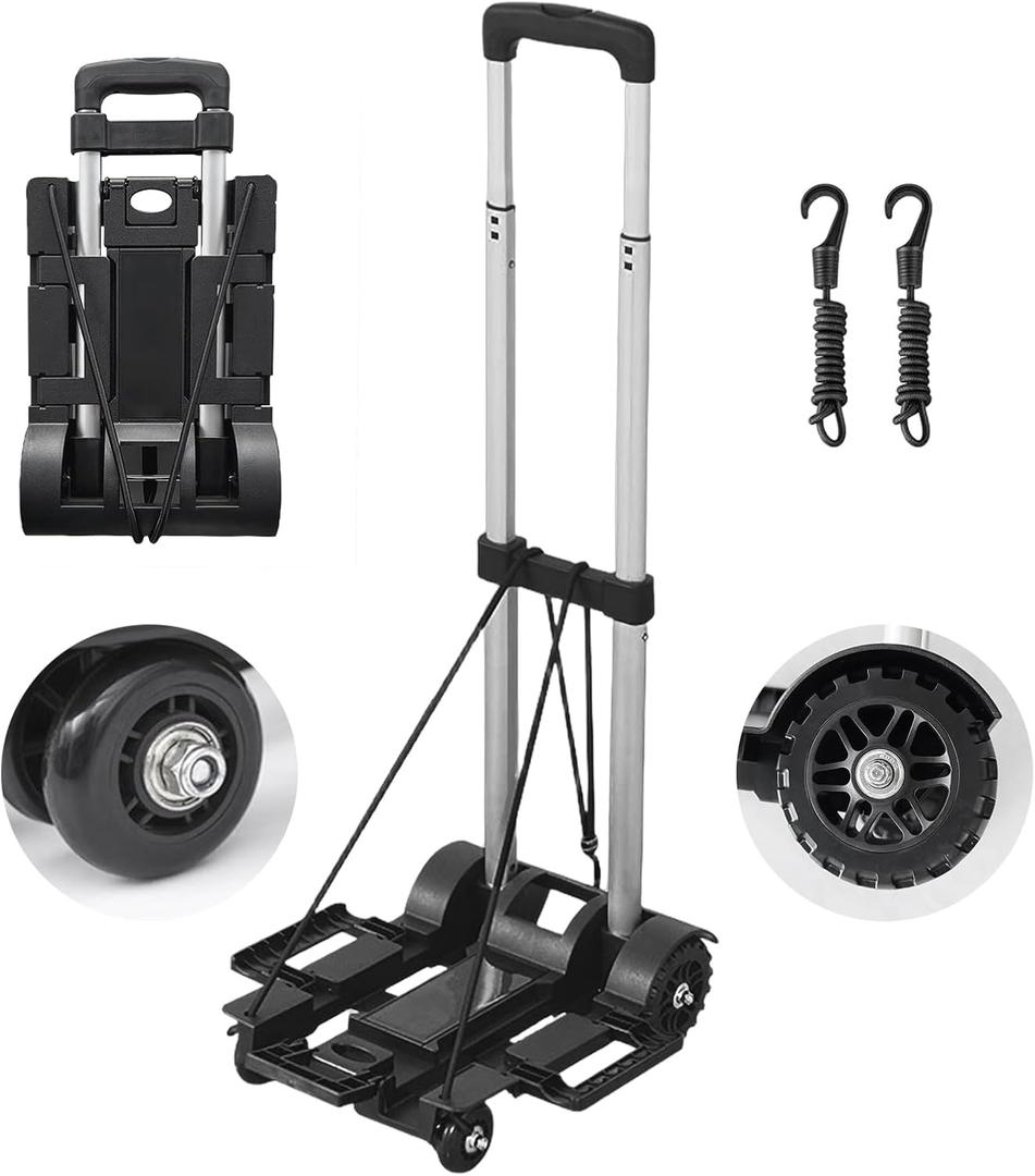 Small Folding Hand Truck Dolly, 4 Wheels Portable Luggage Cart, Lightweight Aluminum Collapsible Utility Cart for Travel, Shopping, Moving, Office, Airport, Warehouse, Black