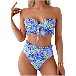 SOLY HUX Women's Bandeau Bikini Set Tie Knot Front Frill Strapless High Waisted Bathing Suit Two Piece Swimsuit, S