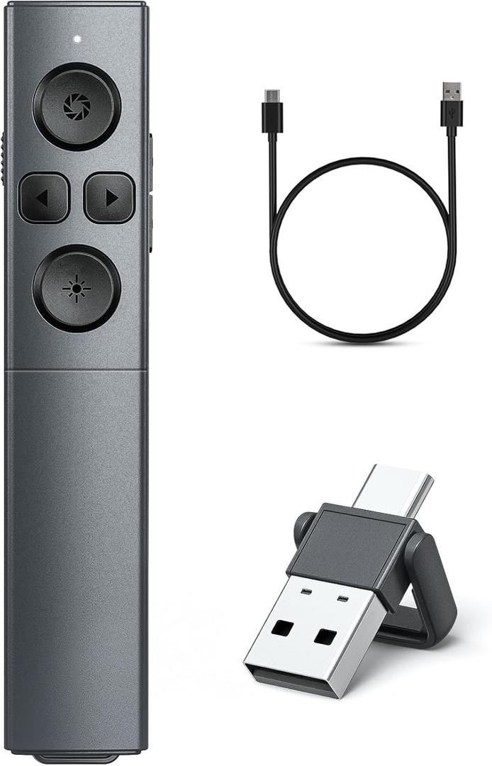 2-in-1 USB Type C Presentation Clicker, Rechargeable Wireless Presenter Remote, Clicker for PowerPoint Presentations, Pointer for Presentations Slide Advancer with Volume Control for Mac,Computer, PPT (A-Red Ligh)