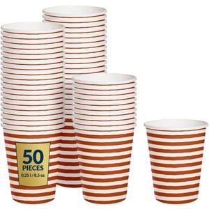 PAW - Disposable Paper Cups (8,5 oz, 50-Pack), Hot & Cold Paper Coffee Cups, Drinking Cups with Orange Stripes Theme for Party, BBQ, Garden Party, Picnic