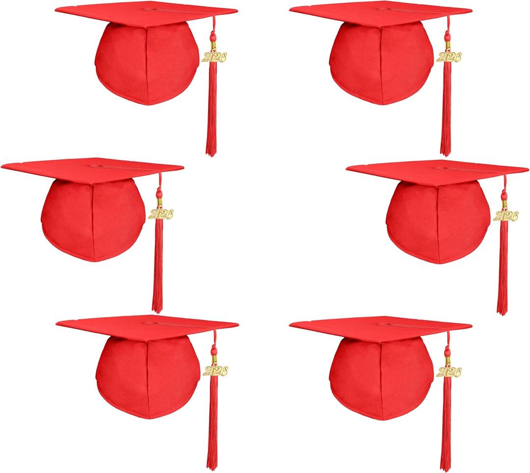 6pcs Graduation Caps Unisex Adult Matte Caps with Tassels in Same Color Detachable Golden Year Charm 2025 2026 (Red)