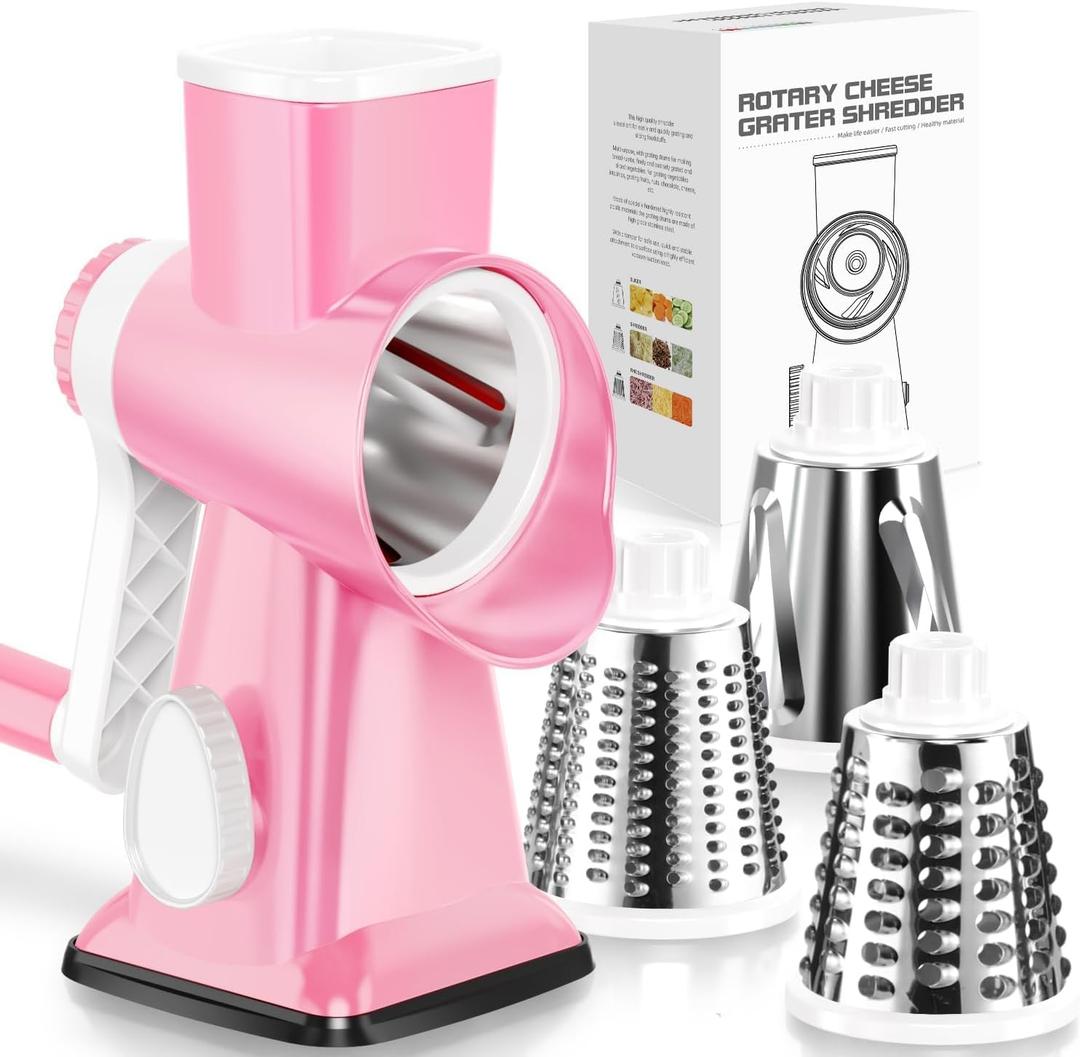 KEOUKE Rotary Cheese Grater Hand Crank Pink - Shredder Slicer Grinder 3 Stainless Steel Blades, Stable Suction, Labor-Saving Handle, Safe Kitchen Tool for Cheese, Vegetable, Nuts, Chocolate (3 IN 1)