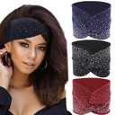 Rhinestone Boho Headbands, 3 Pack Crystal Stretch Turban Headbands with African Cotton Fabric - Fashion Hair Scarfs (Navy & Black & Burgundy)