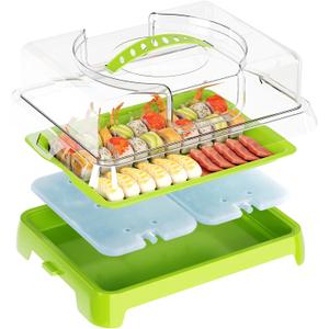 Chilled Portable Serving Tray Platterbox with Reusable Ice Pack with Lid Shrimp Cocktail Serving Dish Platter Cold Food Buffet Server for Appetizer Veggie Fruit Food Parties Outdoor Picnic, Green