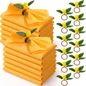 Preboun 24 Pcs Yellow Cloth Napkins with Lemon Napkin Rings