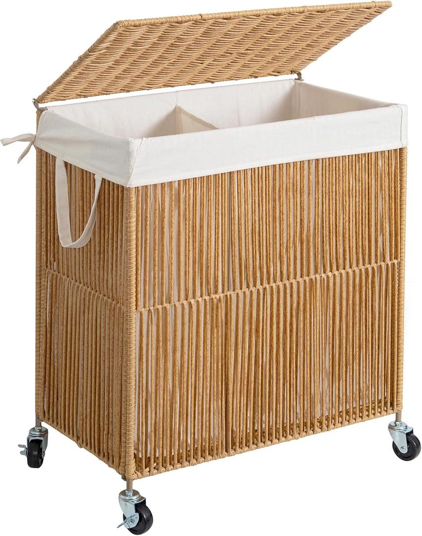 WOWLIVE Laundry Hamper with Wheels, Handwoven Rolling Laundry Basket with Lid, Clothes Hamper with Divided Removable Liner Bag, 115L Large Capacity Laundry Sorter Laundry Room Organization, Natural (22 x 13 x 26.4 Inches)