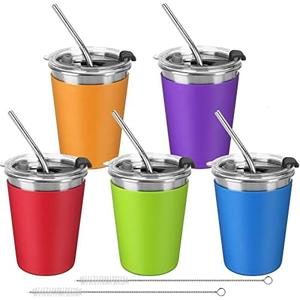 ShineMe Stainless Steel Kids Cups, 5pack with Spill Proof Lids, Straws & Silicone Sleeves, 12oz, BPA Free, Insulated, for Cold & Hot Drinks