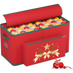 MODFUNS Christmas Ornament Storage Box 128 Ornaments Christmas Ornament Storage 600D Oxford Fabric Christmas Storage Box with Dual Zippers and Outter Pocket Large Organizer Bin for Xmas Decorations (Red)