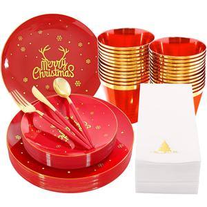 Nervure 175PCS Christmas Plastic Plates - Red and Gold Disposable Plates & Gold Plastic Silverware with Red Handle include 50 Plates 25Knives 25Forks 25Spoons 25Napkins for Christmas Party