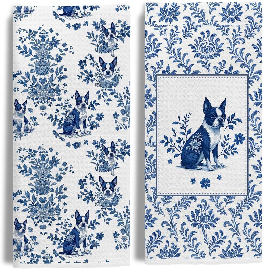 Chinoiserie Boston Terrier Kitchen & Hand Towels Set of 2,Blue and White Floral Dog Gifts Dish &Tea Towels for Kitchen Bathroom Decor,Dog Lover Gifts for Women 16x24 Inch
