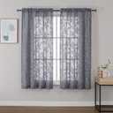OVZME Grey Sheer Curtains 63 inches Long 2 Panels for Living Room, Jacquard Clip Leaf Pattern Textured Light Filtering Window Semi Sheer Voile Drapes for Bedroom, Each Panel 42 x 63 Inch