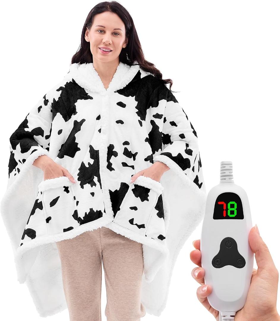 Wearable Heated Throw Blanket Electric Shawl - Heated Robe Poncho Blanket Hoodie for Adult, Winter Gifts for Mom Women Girlfriend Grandma 5-Position Timer 10-Heating Levels,Cow