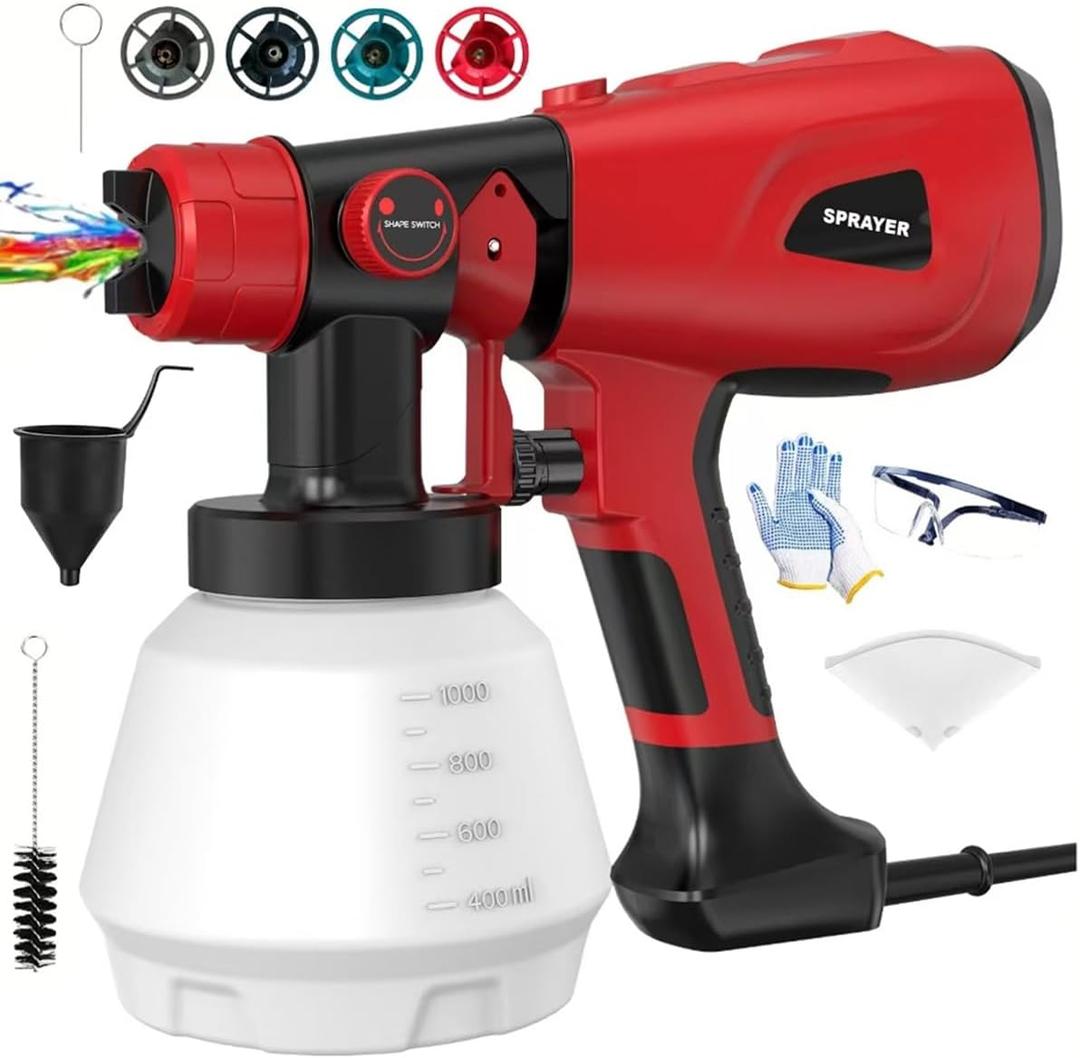 Paint Sprayer Tool 1000W High Power Electric Paint Spray Gun with Adjustable Spray Width Knob 4 Nozzles and 3 Patterns Simple to Clean for Lawn and Garden Furniture Home Interior House Painting Red