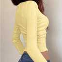 GORGLITTER Women's Lightweight Cropped Sweater Button Up Long Sleeve Scoop Neck Slim Knit Fall Trendy Pullover Tops (Yellow, M)