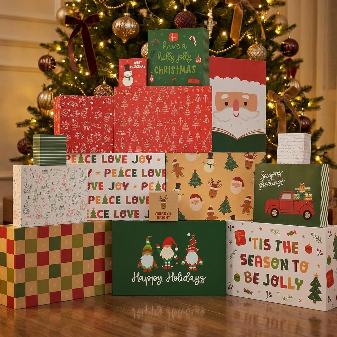 ZICOTO Beautiful Christmas Gift Boxes Set of 15 - Stylish Holiday Present Boxes with Assorted Festive Designs for Easy Christmas Gift Wrapping - Perfect Variety Set for Shirts, Clothing and More