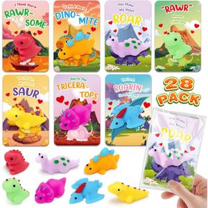 Valentines Day Cards for Kids School, 28 Pcs Cute Dinosaur Squeeze Toys with Kids Valentines' Cards, Valentines' Day Exchange Gifts for Kids, Ideal Valentines' Party Favor Classroom Prizes