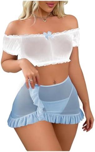 SOLY HUX Sexy Lingerie Set for Women Sheer Mesh Off Shoulder Bra Panty Ruffle Skirts 3 Piece Sets,Size M SOLY HUX Sexy Lingerie Set for Women Sheer Mesh Off Shoulder Bra Panty Ruffle Skirts 3 Piece Sets,Size M