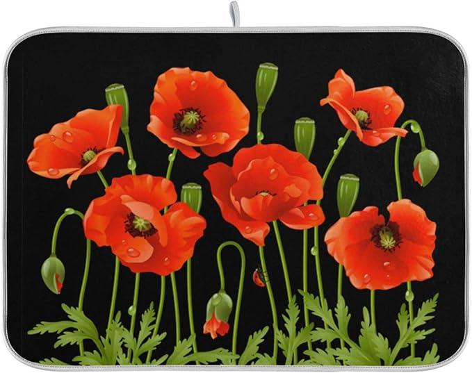 ZzWwR Spring Red Poppy Flowers 16 x 18 Inches Absorbent Dish Drying Mat Microfiber Kitchen Countertop Table Protector MultiPurpose Counter Rack Sink Drainer Pad