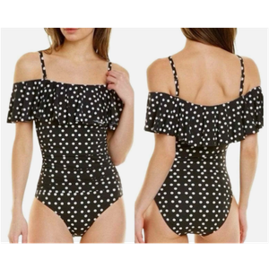 Polka Dot One-Piece Swimsuit Removable Straps On Or Off-The-Shoulder Size L