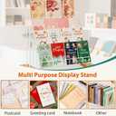 Greeting Card Display Stand, 4-Tier Greeting Card Organizer for Cards, Postcard, Photos, Brochure, Sticker, Trading Cards, Metal & Wooden Retail Display Rack for Vendors Counter Retail (White)