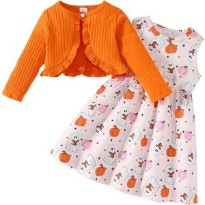 Kid Toddler Girl Fall Dress+Cardigan 2 Piece Floral/Plaid Sleeveless Dress and Cardigan Set 2-14Y (New-orange)