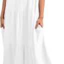 Febriajuce Womens Summer Maxi Dress Casaul Spaghetti Straps Solid V-Neck Backless Cami Dresses with Two Pockets (Small, White)