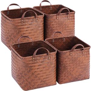 13x13x13 Laundry Baskets Hampers, Wicker Storage Baskets for Shelves, Woven Basket for Blankets, Clothes, Organizer Storage Bins with Handles, Set of 4-Brown