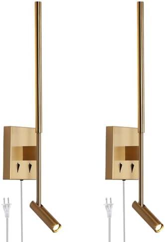 ZEROUNO Modern Plug in Wall Sconce Set of 2, Gold LED Wall Mounted Reading Lamp with Switch, Minimalist Linear Wall Light Fixture with 5.9FT Clear Cord for Bedroom Living Room Hallway Decor