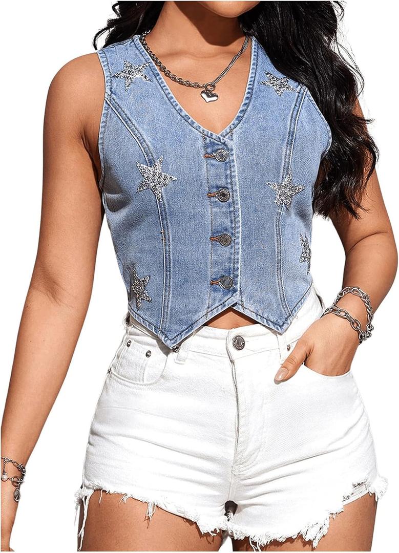 Floerns Women's Sleeveless Denim Vest Top Star Rhinestone Button Down Waistcoat Blue X-Large