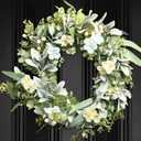 Perfnique Spring Wreaths for Front Door, Lambs Ear Wreath with Hydrangeas Flower and Eucalyptus Leaves, 20'' Green Artificial Wreath for Porch Window, Farmhouse Decor for Wall (Greenery)