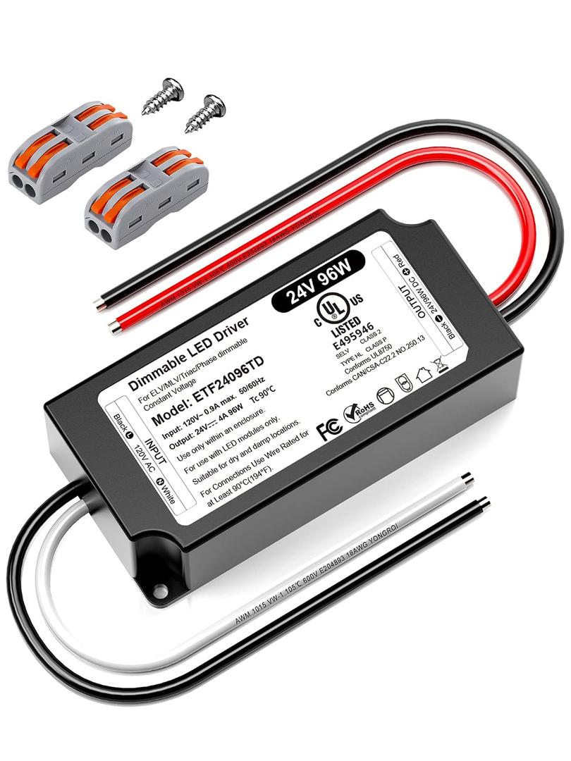 96W 24V Dimmable LED Driver UL Listed, DC 24V Triac ELV/MLV LED Dimmable Power Supply Compatible with Lutron & Leviton Switches 96 Watt LEDs Transformer 24 Volt Smooth Flicker Free Dimming