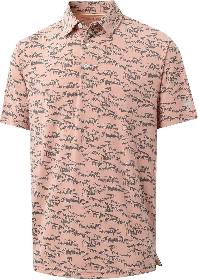 Mens Golf Shirts Short Sleeve Moisture Wicking Dry Fit Print Performance Athletic Casual Golf Polo Shirts for Men (L)