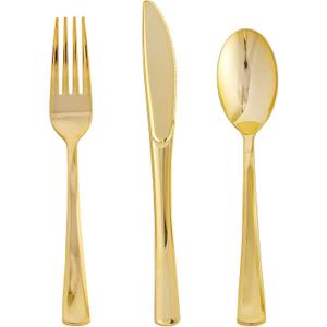 FOCUSLINE 75 Pack Gold Plastic Silverware Disposable Cutlery Set - 25 Forks Knives Spoons - Disposable Flatware Heavy Duty Plastic Utensils Set for Catering, Parties, Dinners, Weddings