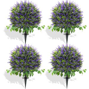 28" Artificial Boxwood Topiary Ball with Lavender, UV Resistant Topiary Tree Faux Boxwood Ball Shaped Porch Bushes with Ground Spike Artificial Bushes for Outdoors Front Door Decor Home Garden