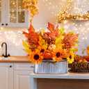 Winlyn 10" Fall Floral Arrangement in Galvanized Metal Oval Planter Artificial Autumn Harvest Maple Leaf Floral Stems Faux Potted Plants Table Centerpiece for Farmhouse Wedding Home Mantel Dcor