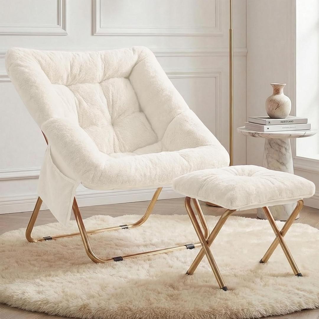 Comfy Saucer Chair for Adults, Foldable Living Room Chairs, Soft Faux Fur Lounge Chair for Bedroom, Reading Chairs, X-Large (Ottoman-White), 27.56 x 27.56 x 31.5 inches