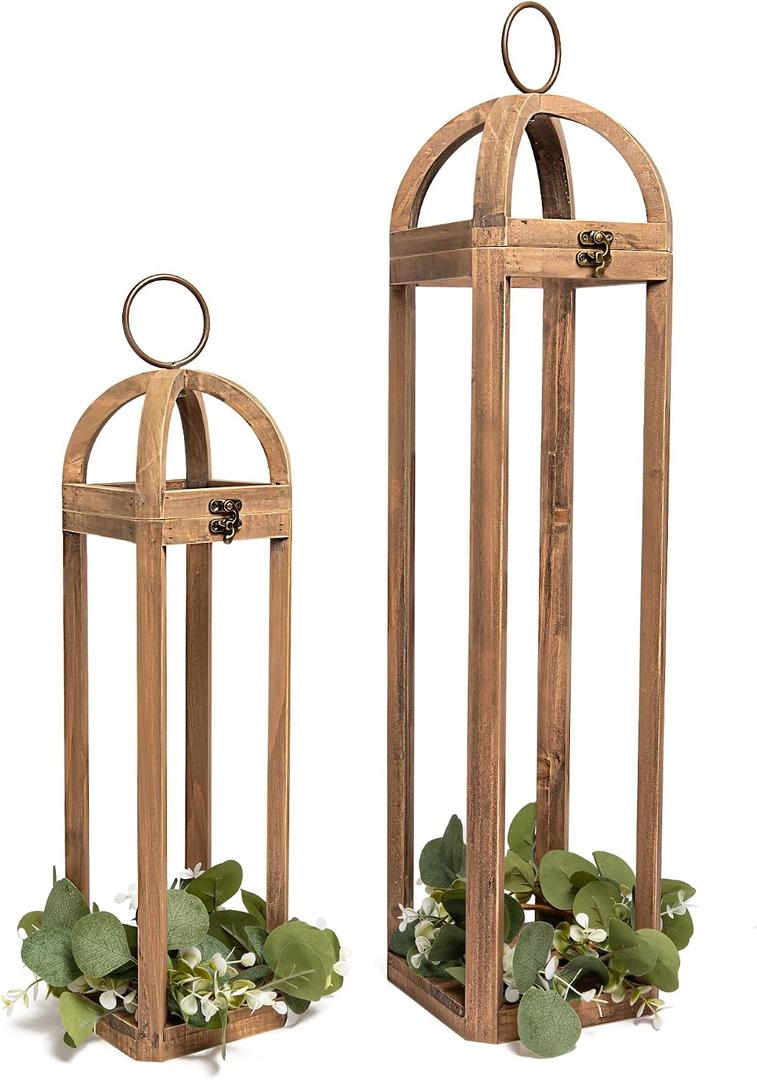 HPC Decor Large Rustic Farmhouse Lantern Decor Set of 2, Tall 30 Vintage Wooden Lanterns, Modern Candle Lanterns Decorative w/Light String and Garland for Home, Indoor,Outdoor,Fireplace Mantle Decor