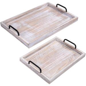 LotFancy Wood Serving Trays with Handles, Set of 2, Rustic Nesting Decorative Trays for Ottoman, Coffee Table, Countertop Centerpiece, Farmhouse Ottoman Tray