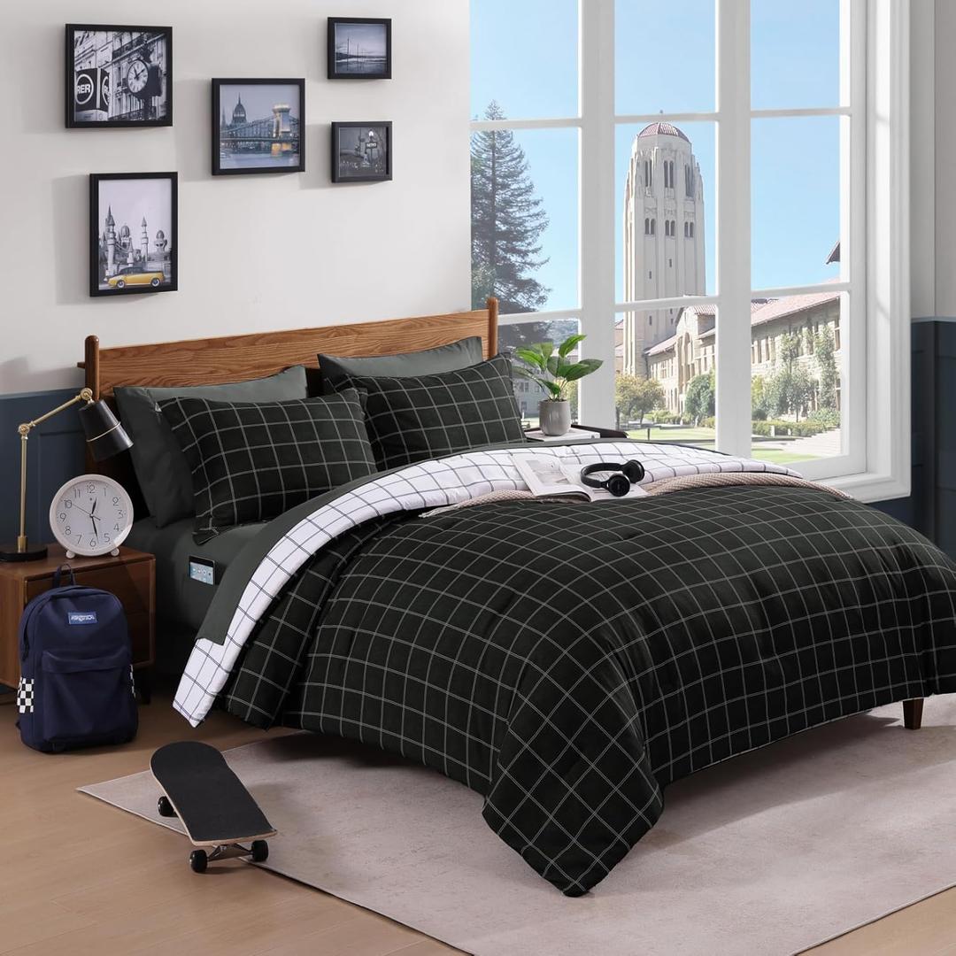 AMBERSPACE Plaid Full Comforter Set Black, Reversible Checkered Bedding Set 7 Pieces for Boys Girls Teen, Lightweight Bed in a Bag for Dorm with Sheets, Pillowcases & Shams