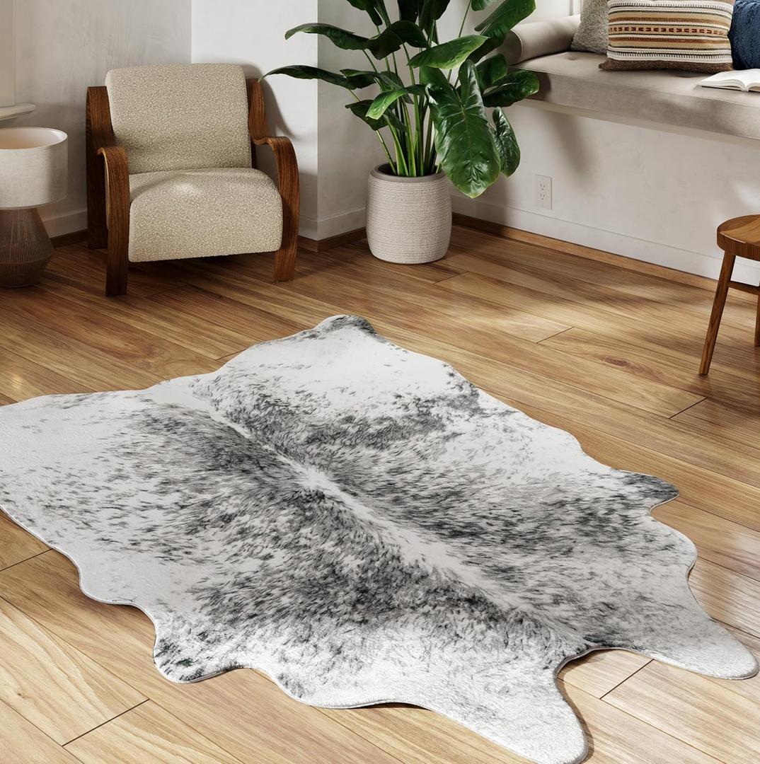 NativeSkins Faux Cowhide Rug  Gray (Medium) | 4.3ft x 5.7ft | Cow Print | Western Bedroom Decor | Hand-Cut, Faux Suede No-Slip Backing | Western Rug | Animal Print | Cow Hide (Grey)
