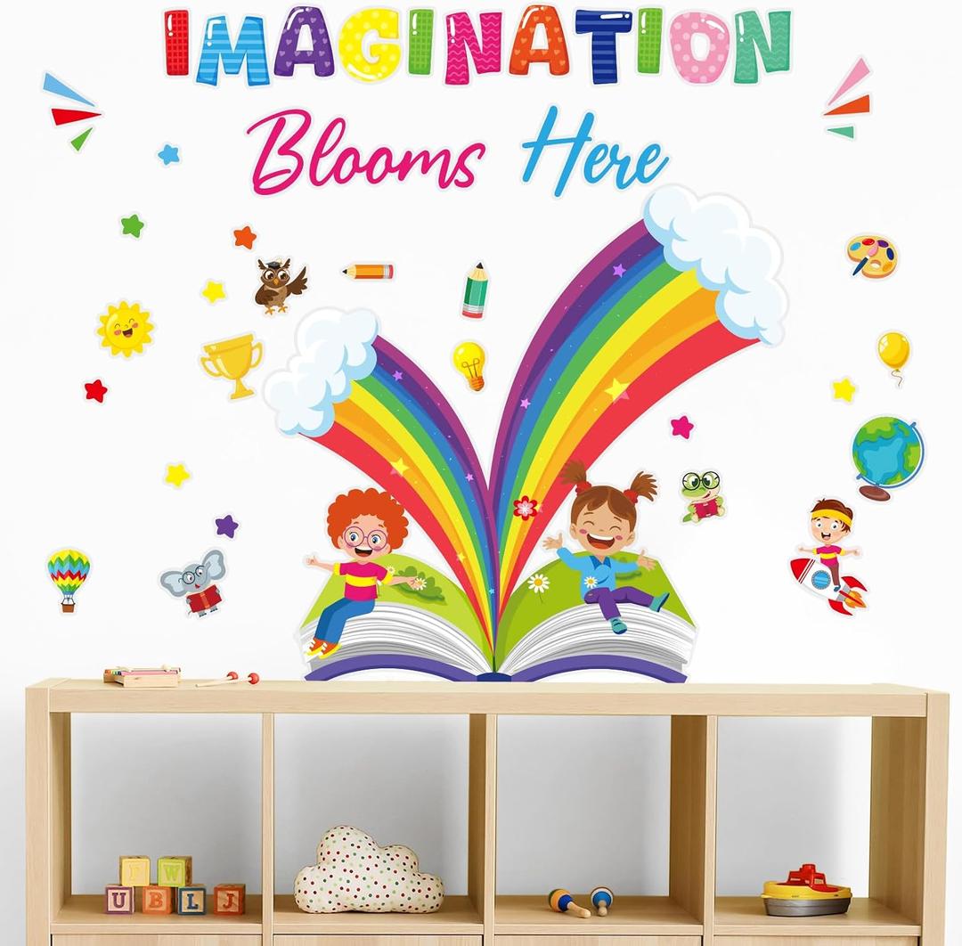 Cinrobiye Inspirational Quotes Wall Decals, Imagination Blooms Here Wall Art Stickers Nursery Classroom Playroom Decor for School Kids Study Reading Room Library Daycare Preschool Art (Imagination)
