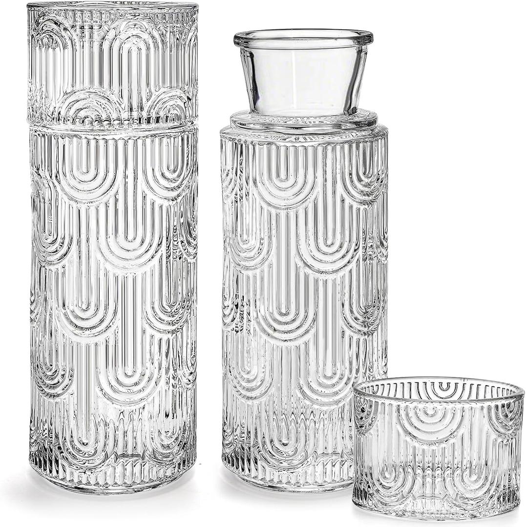 Coloch 4Pcs Bedside Glass Carafe Set With Tumbler, 21 Oz Glass Water Pitcher with 6 Oz Cup as Lid Vintage Mouthwash Dispenser Nightstand Carafe and Cup for Midnight Drink Set, for Bedroom, Bathroom