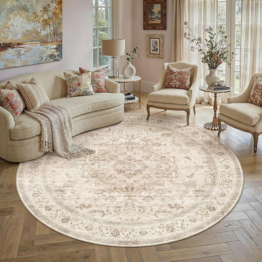 5R Beige Washable Round Rug Non Slip Vintage Carpet
Low Pile, Durable, Soft, Lightweight Rug for Living Room, Kitchen, Bedroom, Nursery, Office, Dining Room, Hallway, Home Decor