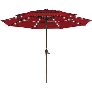 JEAREY 3 Tiers Patio Umbrella with Solar Lights 9ft Outdoor Market Table Umbrellas with Push Button Tilt for Outside Pool Garden, Red