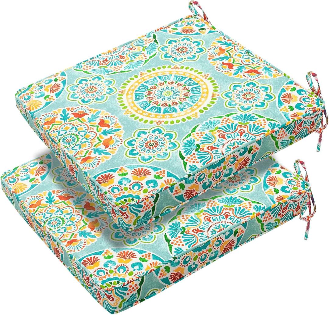 FUNHOME Patio Chair Cushions 18 x 18 x 2.5 Inch,Water-Resistant Outdoor Seat Cushions for Patio Furniture 2 Pack, Sqaure Chair Pads for Wicker Chair Seat, Cyan Circle