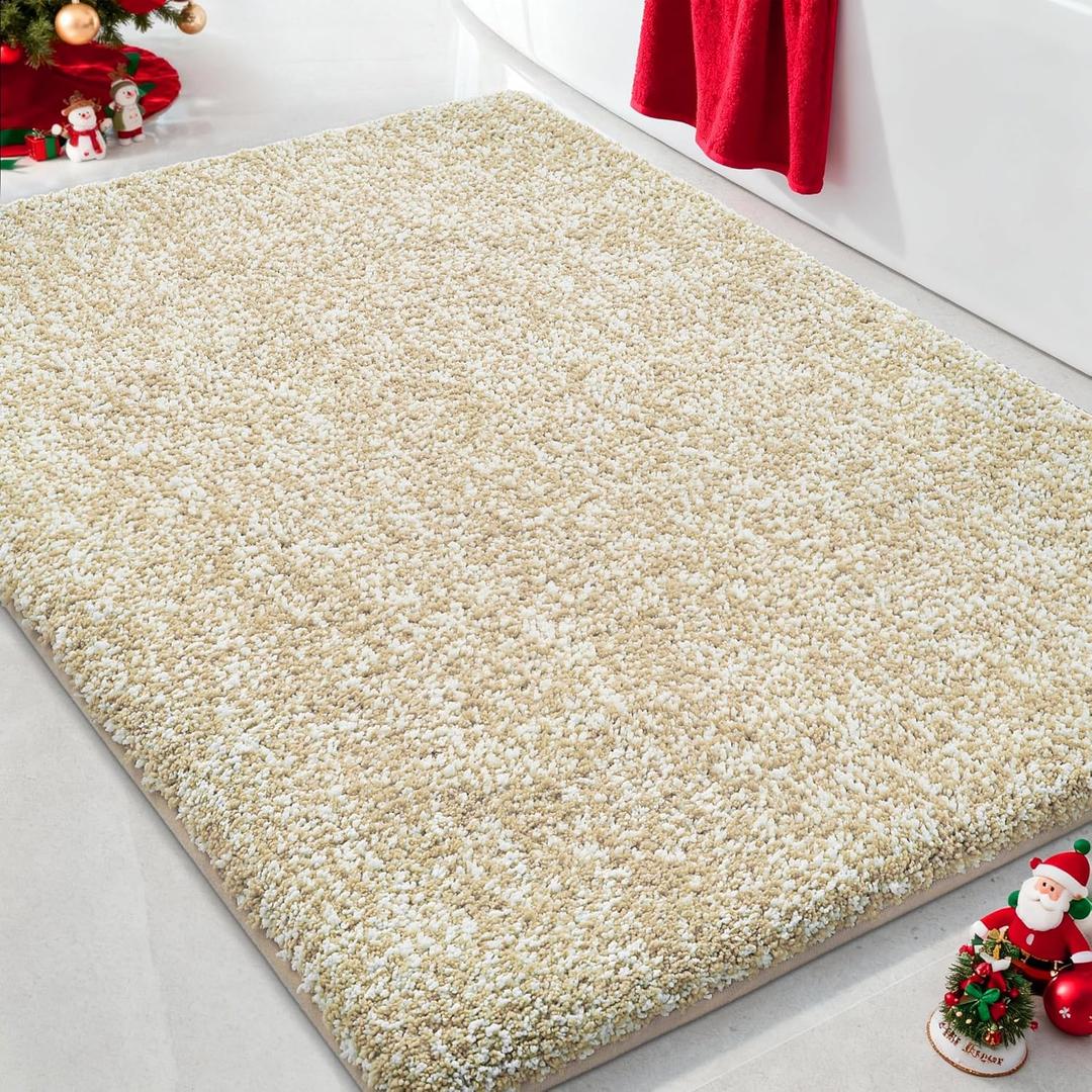 Yimobra Bathroom Rugs Mat, Extra Soft Comfortable Bath Rugs, Non-Slip, Water Absorbent and Thick Bathroom Floor Mats, Machine Washine, Shaggy Rugs for Shower Bathtubs, 24 x 17 Inch, Beige