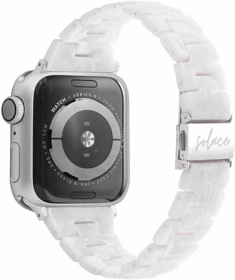 Solace Bands Slim Matte Resin Watch Band - Universal Fit for Apple Watch Bands for Women and Men, iWatch Bands for 38mm 40mm 41mm 42mm 44mm 45mm 49mm Ultra, SE and Series 11 10 9 8 7 6 5 4 3 2 1 (White crystal/Silver hardware)
