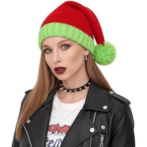 Mepase Knitted Santa Hat for Adult Christmas Goth Beanie Winter Hats with Pompom Women Men for Xmas Party